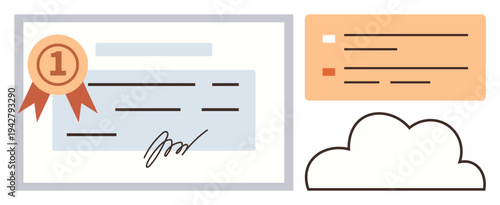 Education, cloud storage, digital credentials, authentication, recognition, technology tools. Certificate with ribbon, cloud icon and data blocks. Education and cloud storage