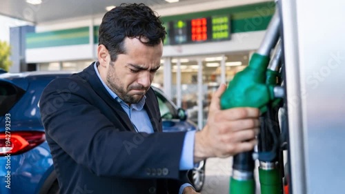 Man shoked at gas prices at fuel station.
