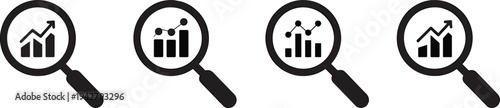 Four Black Magnifying Glass Icons Showing Bar and Line Graphs with Upward Trends chart data