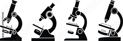 Four Black Silhouette Microscopes in Different Poses on White Background science research