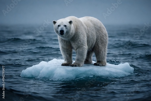 Solitary polar bear standing on melting ice floe in vast ocean waters, representing climate change and arctic wildlife conservation challenges