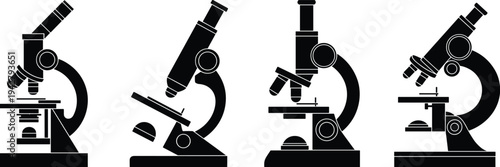 Four Black Silhouettes of Compound Microscopes on White Background science laboratory
