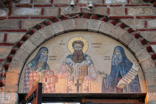 Byzantine mosaic lunette St Gregory Palamas Vlatadon Monastery August 2024 Thessaloniki
