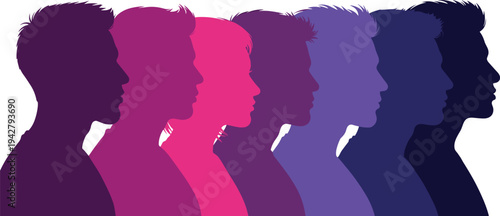 Male head profile silhouettes collection, colorful gradient human face side view set, modern people portrait vector illustration design