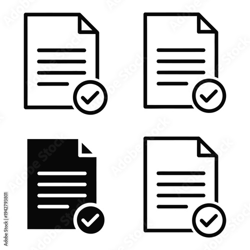Four document icons with checkmarks on white background icon
