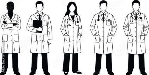 Professional doctors team silhouettes, male and female physicians standing in lab coats with stethoscopes, healthcare medical staff vector set illustration