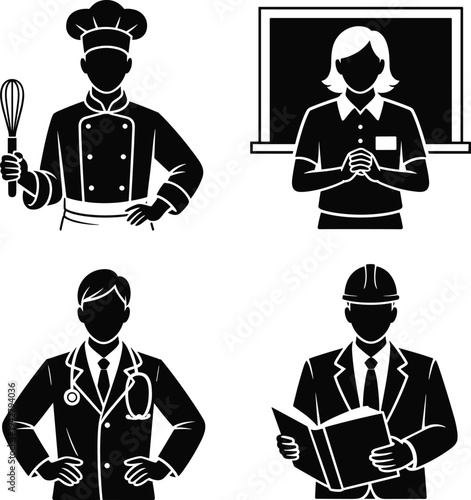 Four Silhouettes of Professionals in Different Occupations chef cook