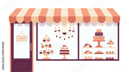 Exterior view of charming bakery shop with display window full of cakes and pastries