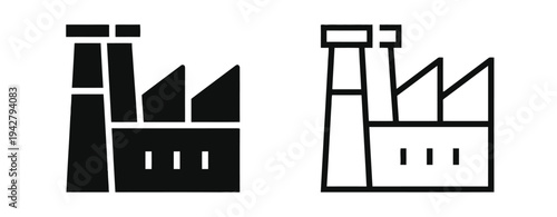 Factory building icons in solid and outline styles