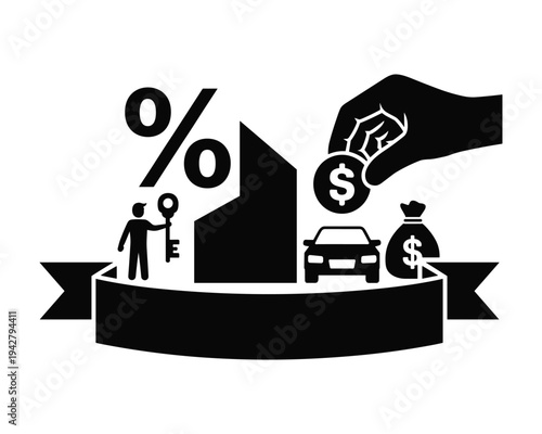 Iconic representation of financial concepts including mortgage car loan and investment opportunities