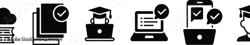 Icons of Online Education and Digital Learning with Graduation Caps and Checkmarks e-learning
