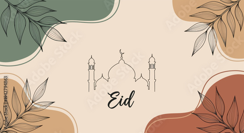 Minimalist Boho Eid Greeting Banner with Line Art Mosque Silhouette, Abstract Organic Shapes, and Botanical Leaf Illustrations in Earthy Terracotta and Sage Green Tones
