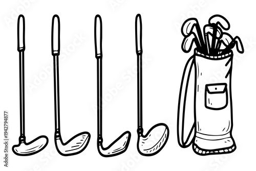Set of golf clubs. Vector sketch hand drawn. Sports equipment. Playing on the course. Equipment for hitting the ball. Doodle line art graphic illustration.