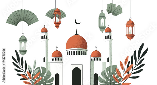Modern Flat Vector Islamic Mosque Illustration with Terracotta Domes, Hanging Lanterns, and Tropical Botanical Foliage on a Minimalist White Background