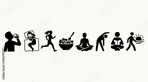 Healthy Habits Vectors Icon Set – Lifestyle Illustrations Featuring Drinking Water, Sleeping, Running, Eating Salad, Meditating, Stretching, Relaxing, and Walking Outdoors in Silhouette Style