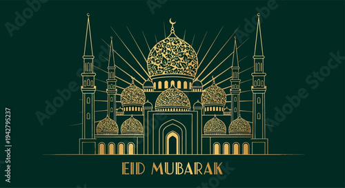 Elegant Eid Mubarak Banner with Golden Mosque Line Art Illustration and Radiant Sunburst on Deep Emerald Green Background