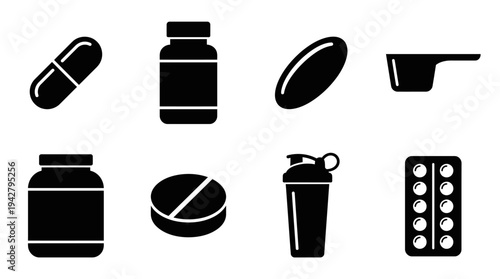 Supplement Elements Vectors Icon Set – Nutrition Illustrations Featuring Pill, Capsule, Tablet, Powder Scoop, Shaker Bottle, Softgel, and Medicine Jar in Silhouette Style