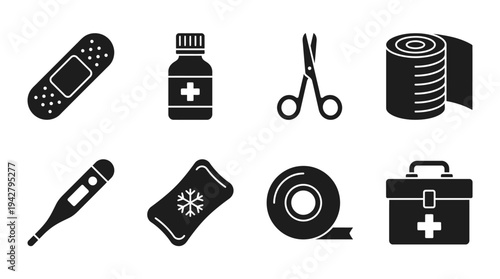 First Aid Vectors Icon Set – Emergency Care Illustrations Featuring Bandage, Antiseptic Bottle, Medical Scissors, Gauze Roll, Thermometer, Ice Pack, Tape, and First Aid Box