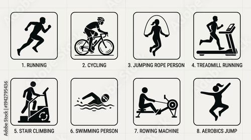 Fitness Activities Vectors Icon Set – Cardio Workout Illustrations Featuring Running, Cycling, Jump Rope, Treadmill, Stair Climber, Swimming, Rowing, and Jumping in Silhouette Style