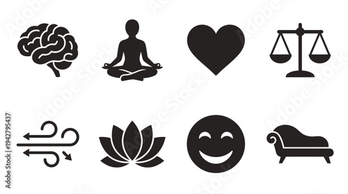 Mental Health Vectors Icon Set – Wellness Illustrations Featuring Brain, Meditation Pose, Heart, Balance Scale, Air Flow, Lotus Flower, Smile Face, and Therapy Couch