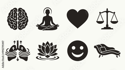 Mental Health Vectors Icon Set – Wellness Illustrations Featuring Brain, Meditation Pose, Heart, Balance Scale, Air Flow, Lotus Flower, Smile Face, and Therapy Couch