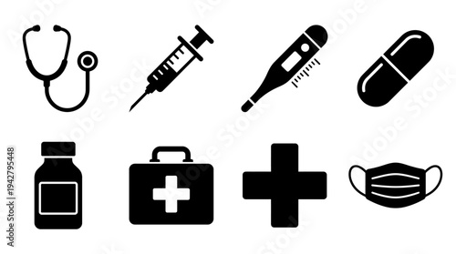 Medical Vectors Icon Set – Healthcare Illustrations Featuring Stethoscope, Syringe, Thermometer, Pill, Medicine Bottle, First Aid Kit, Cross Symbol, and Face Mask