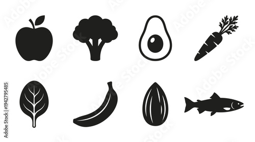 Healthy Food Vectors Icon Set – Nutrition Illustrations Featuring Apple, Broccoli, Avocado, Carrot, Spinach Leaf, Banana, Seed, and Fish in Bold Silhouette Style