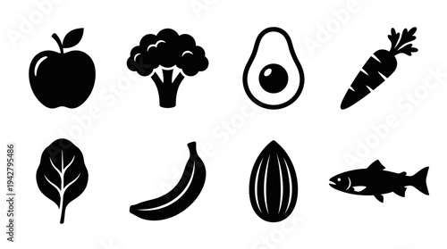 Healthy Food Vectors Icon Set – Nutrition Illustrations Featuring Apple, Broccoli, Avocado, Carrot, Spinach Leaf, Banana, Seed, and Fish in Bold Silhouette Style