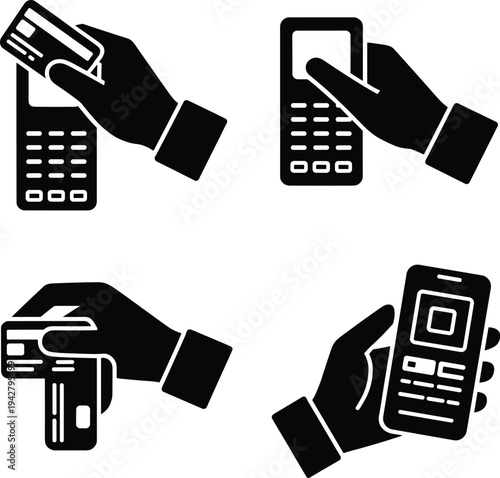 Payment Methods Icons Hand Holding Credit Card and Mobile Phone with POS Machine and Terminal vector
