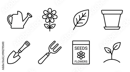 Gardening Vectors Icon Set – Plant Care Illustrations Featuring Watering Can, Flower, Leaf, Pot, Shovel, Hand Rake, Seed Packet, and Sprouting Plant in Line Art Style