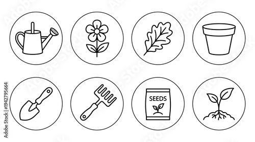 Gardening Vectors Icon Set – Plant Care Illustrations Featuring Watering Can, Flower, Leaf, Pot, Shovel, Hand Rake, Seed Packet, and Sprouting Plant in Line Art Style