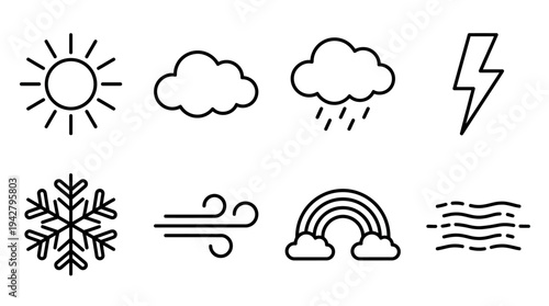 Weather Symbols Vectors Icon Set – Climate Illustrations Featuring Sun, Cloud, Rain, Lightning Bolt, Snowflake, Wind Swirl, Rainbow, and Fog Lines in Line Art Style