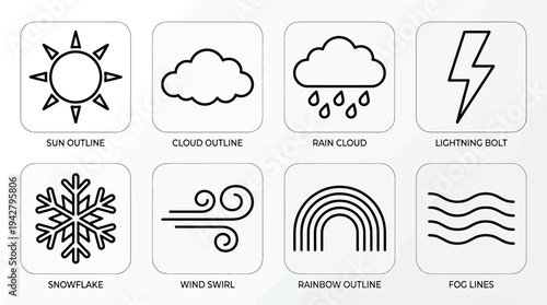 Weather Symbols Vectors Icon Set – Climate Illustrations Featuring Sun, Cloud, Rain, Lightning Bolt, Snowflake, Wind Swirl, Rainbow, and Fog Lines in Line Art Style