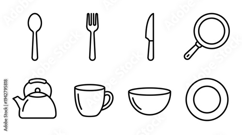 Kitchenware Vectors Icon Set – Dining Utensils and Cookware Illustrations Featuring Spoon, Fork, Knife, Frying Pan, Kettle, Mug, Bowl, and Plate in Line Art Style