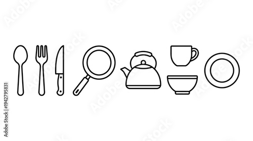 Kitchenware Vectors Icon Set – Dining Utensils and Cookware Illustrations Featuring Spoon, Fork, Knife, Frying Pan, Kettle, Mug, Bowl, and Plate in Line Art Style