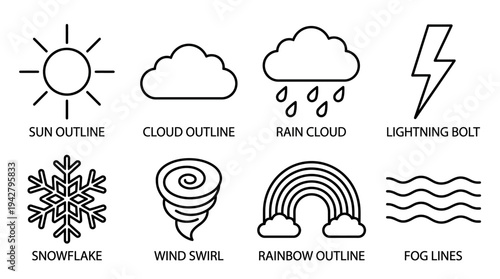 Weather Symbols Vectors Icon Set – Climate Illustrations Featuring Sun, Cloud, Rain, Lightning Bolt, Snowflake, Wind Swirl, Rainbow, and Fog Lines in Line Art Style
