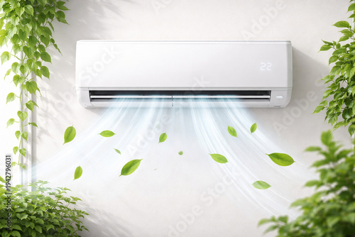 Wall-Mounted Air Conditioner with Green Leaves Symbolizing Natural Freshness and Coolness
