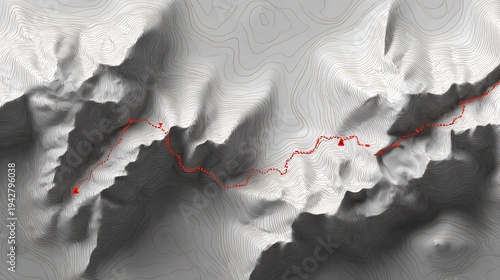Grayscale topographic map with red marked hiking trail route