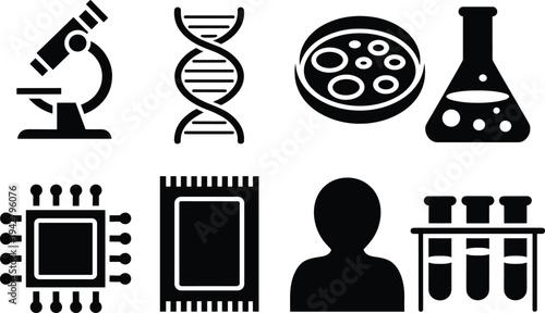 Scientific Research and Medical Icons Including Microscope DNA and Test Tubes science