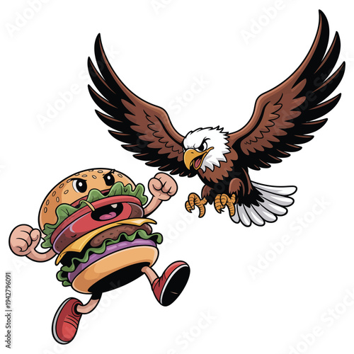 Cartoon hamburger running from attacking bald eagle bird, funny food character, american fast food, dynamic action scene
