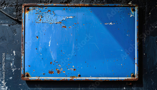 Old empty blue metal sign mounted on dark cement wall, distressed paint and weathered texture
