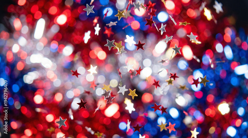 Abstract background of falling red white and blue star confetti. Festive bokeh lights for America 250 celebration and Independence Day