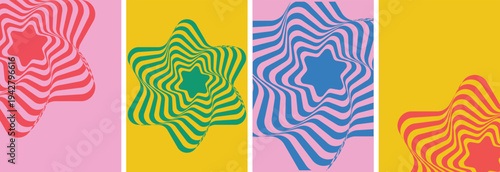 Vibrant abstract art with colorful wavy patterns on pink and yellow background