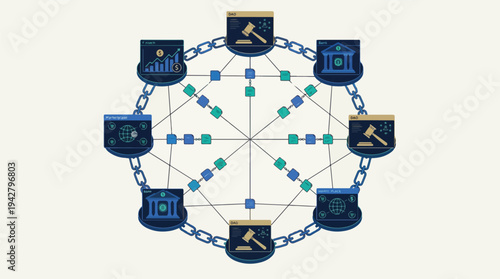Decentralized Business Network with Blockchain Distributed Ledger and Peer to Peer Corporate Nodes – Vector Illustration