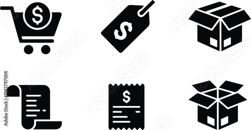 Shopping Icons Set With Dollar Sign And Boxes On White Background shopping cart price tag