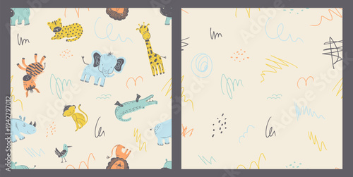Safari Animals and Scribbles Seamless Pattern Set
