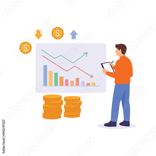 Financial advisor reviewing market trends with charts and coins