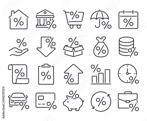 Financial percentage and discount icons set for banking mortgage shopping taxes and investment savings concepts