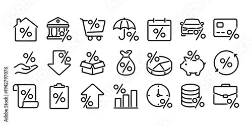 Financial icons set for banking and loan services, interest rates, investment, savings and credit cards