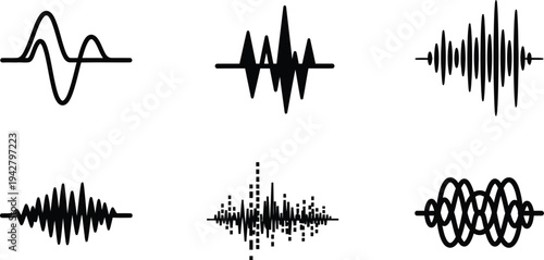 Audio Waveform and Sound Frequency Icon Set for Music Production, Voice Recognition, Podcast Editing, and Digital Signal Processing - Scalable Black Vector Illustrations